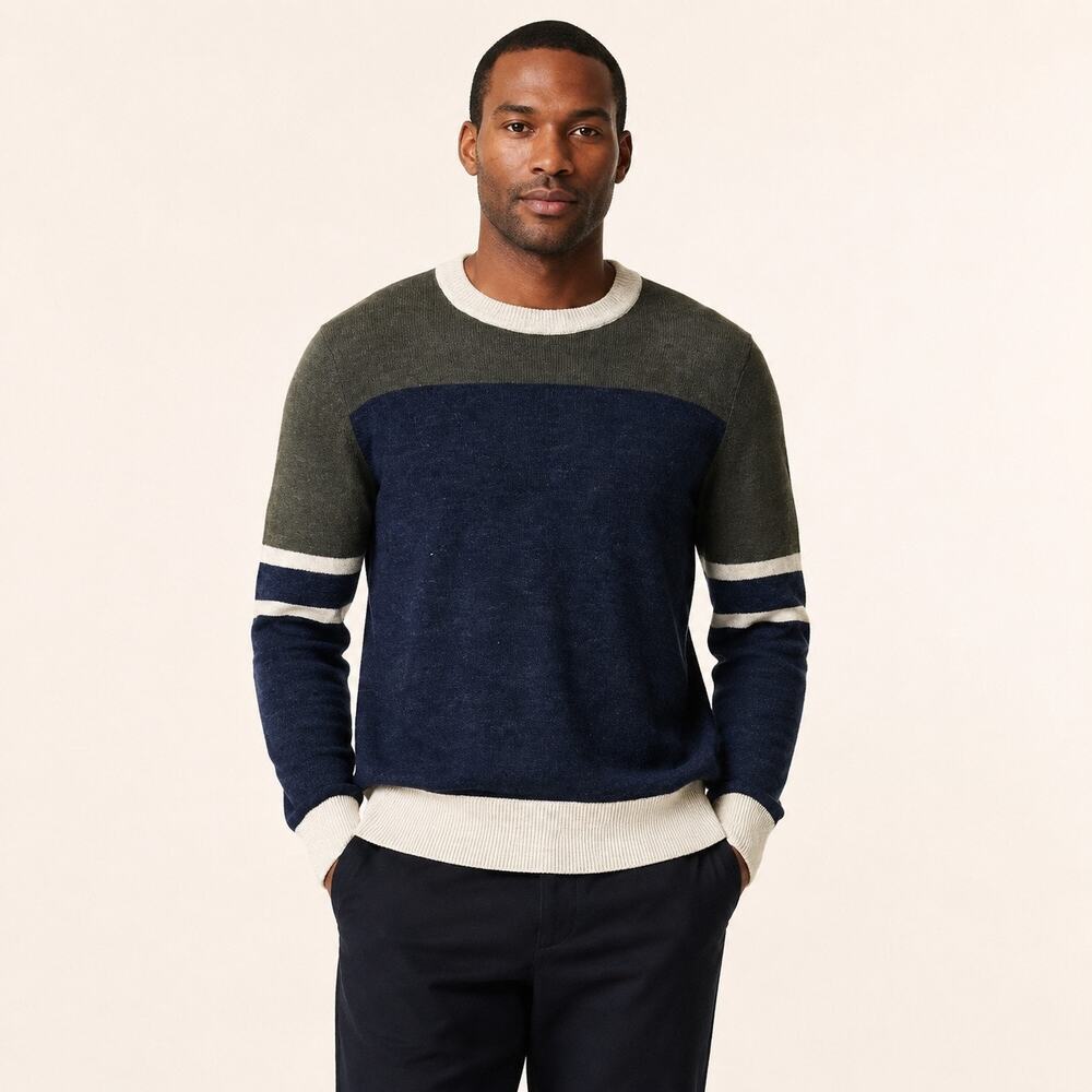 J.Crew Jeans Sweater MENS M Navy Green Stripe Cotton Wool Crewneck Heritage Prep